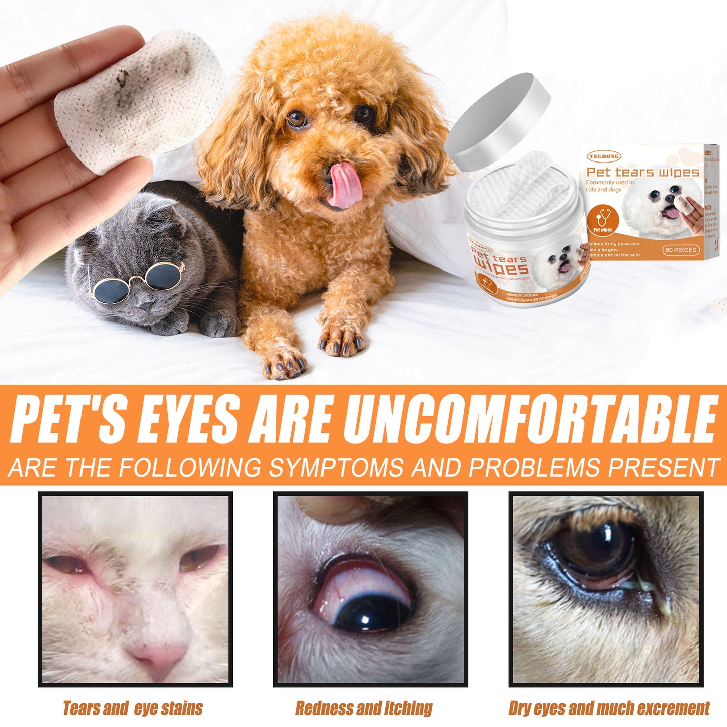 Yegbong Pet Wet Wipes Cleaning Dog and Cat Tear Stain Remover Eye Cleaning Cotton Pads for Removing Eye Discharge and Eye Grime