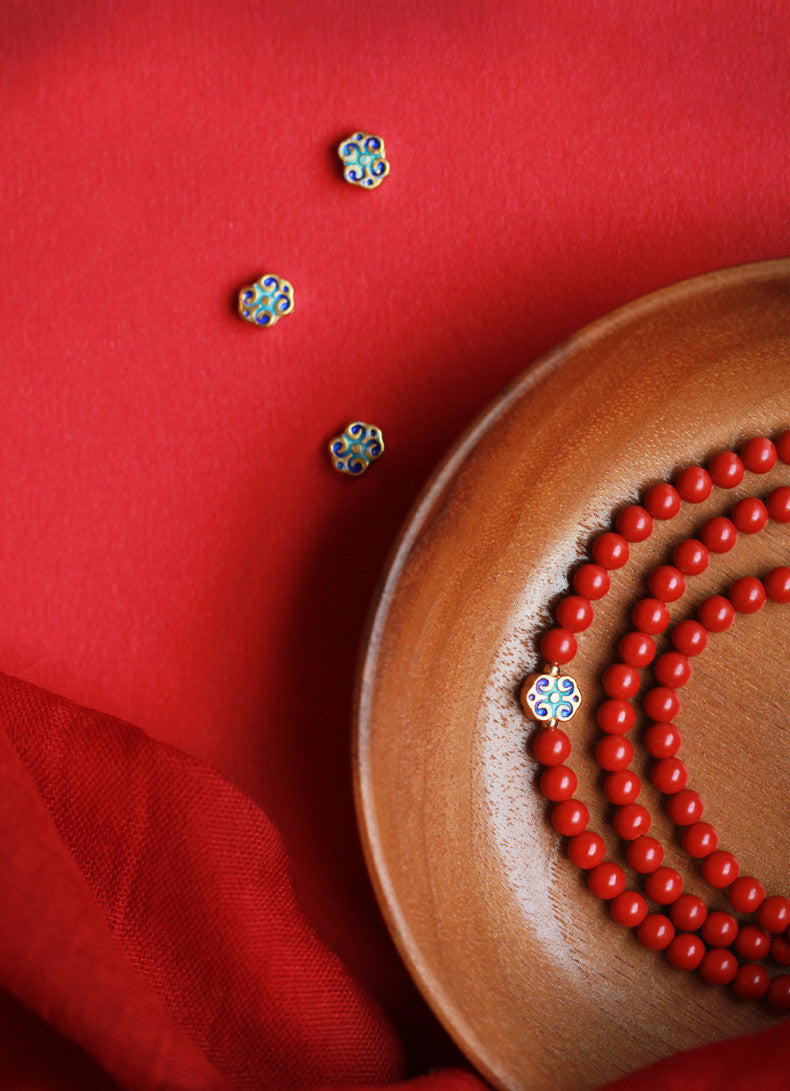 Elegant Women's 3-Loop Vermilion Bead Bracelet – 6mm Round Red Cinnabar Gift