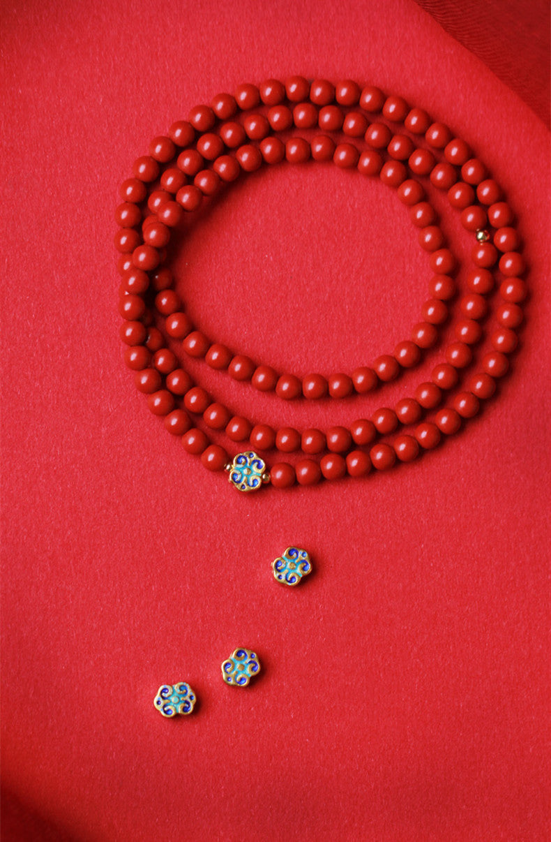 Elegant Women's 3-Loop Vermilion Bead Bracelet – 6mm Round Red Cinnabar Gift