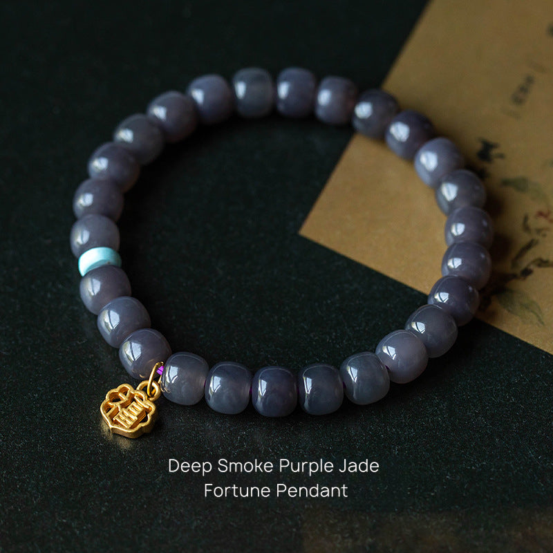 Hetian Jade Smoke Purple Buddha Bead Bracelet 14k Gold Plated Fortune Ox Deep and Light Smoke Purple Bracelet Old Style Beads 7*8 Hetian Jade Bracelet