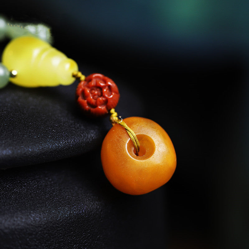 Oil-green Hetian Jade bracelet, 108 Buddha beads, old amber round clasp pendant, multi-circle bracelet