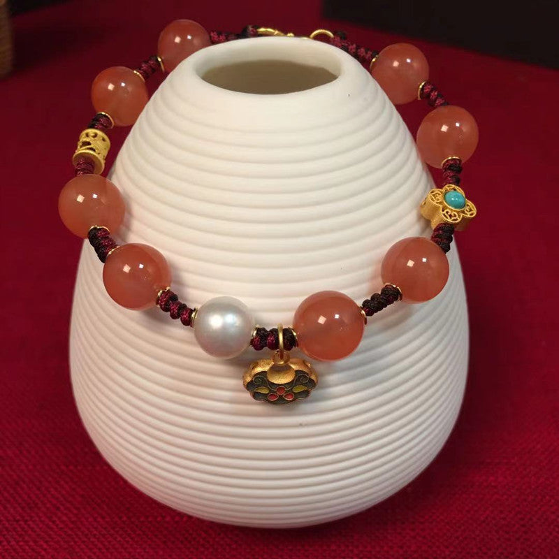 Women's Southern Red Bracelet Cherry Red Woven Bracelet Ancient Silver Jewelry Vintage Bracelet Ethnic Style One Piece Dropshipping