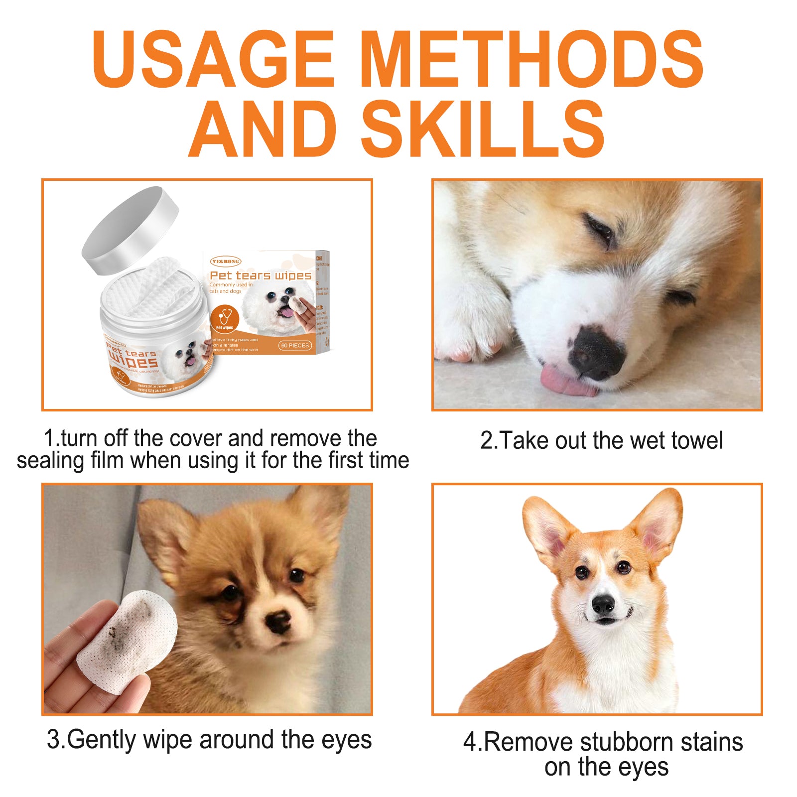 Yegbong Pet Wet Wipes Cleaning Dog and Cat Tear Stain Remover Eye Cleaning Cotton Pads for Removing Eye Discharge and Eye Grime