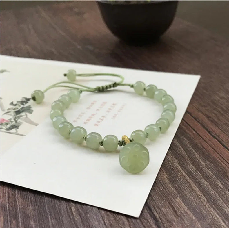 Elegant Women's Hetian Jade Bracelet: Old-Style Beads with Qingshui Jade Lotus Pendant – A Refreshing Hand Accessory & Thoughtful Gift