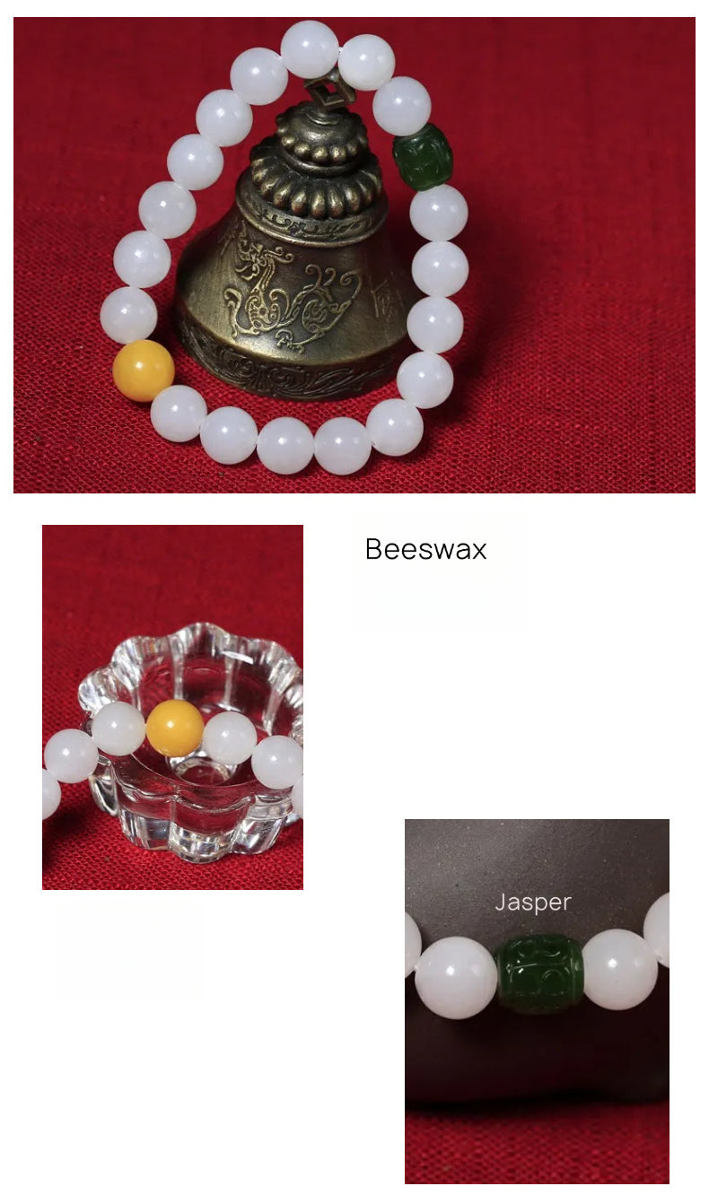 10mm Hetian White Jade Buddha Bead Bracelet Hetian Jasper Fortune Bead Bracelet Beeswax Fortune Bead Bracelet