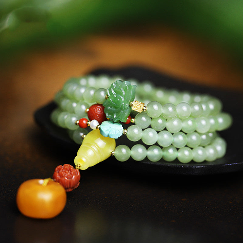 Oil-green Hetian Jade bracelet, 108 Buddha beads, old amber round clasp pendant, multi-circle bracelet