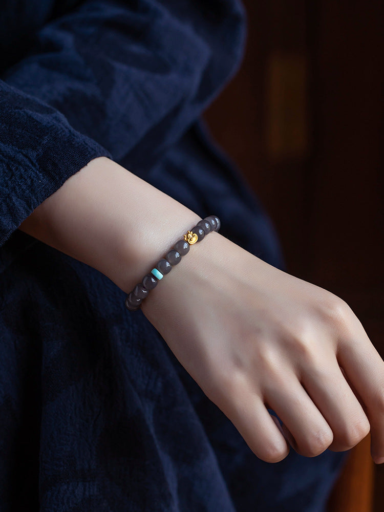 Hetian Jade Smoke Purple Buddha Bead Bracelet 14k Gold Plated Fortune Ox Deep and Light Smoke Purple Bracelet Old Style Beads 7*8 Hetian Jade Bracelet