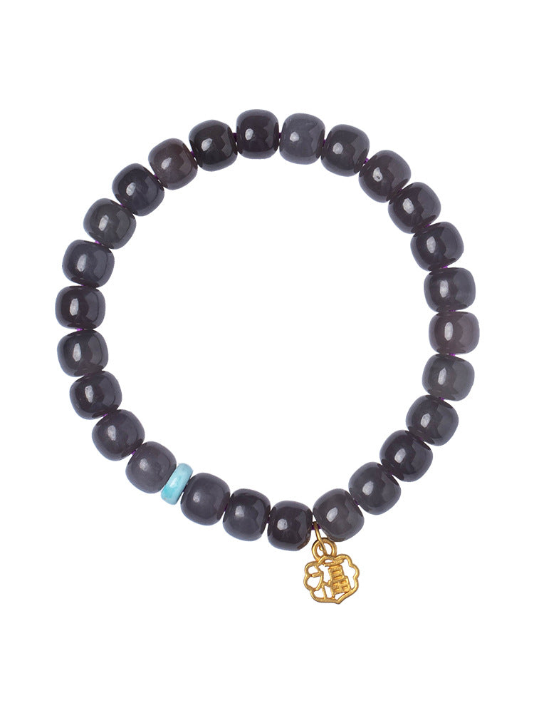 Hetian Jade Smoke Purple Buddha Bead Bracelet 14k Gold Plated Fortune Ox Deep and Light Smoke Purple Bracelet Old Style Beads 7*8 Hetian Jade Bracelet