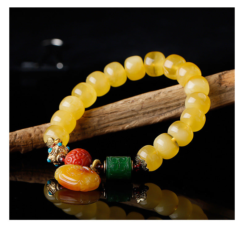 Women's Amber Old Style Bead Bracelet 7*9 Beads with Amber Ruyi Lock Pendant Bracelet Jasper Southern Red Retro Bracelet