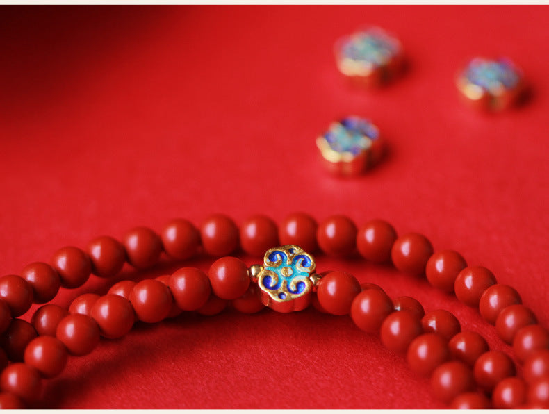 Elegant Women's 3-Loop Vermilion Bead Bracelet – 6mm Round Red Cinnabar Gift