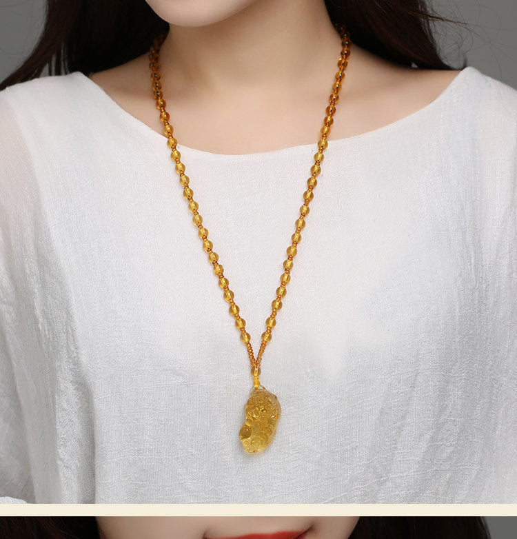 East Sea Imitation Natural Yellow Crystal Pixiu Pendant Men's Necklace Women's Obsidian Pendant Buddhist Bead Jewelry