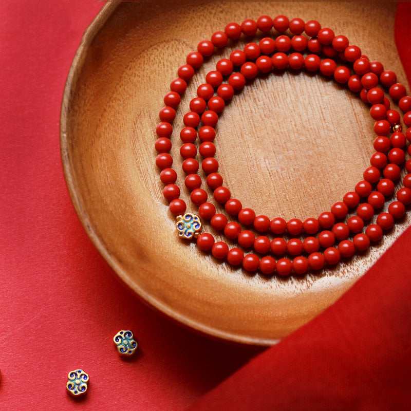 Elegant Women's 3-Loop Vermilion Bead Bracelet – 6mm Round Red Cinnabar Gift