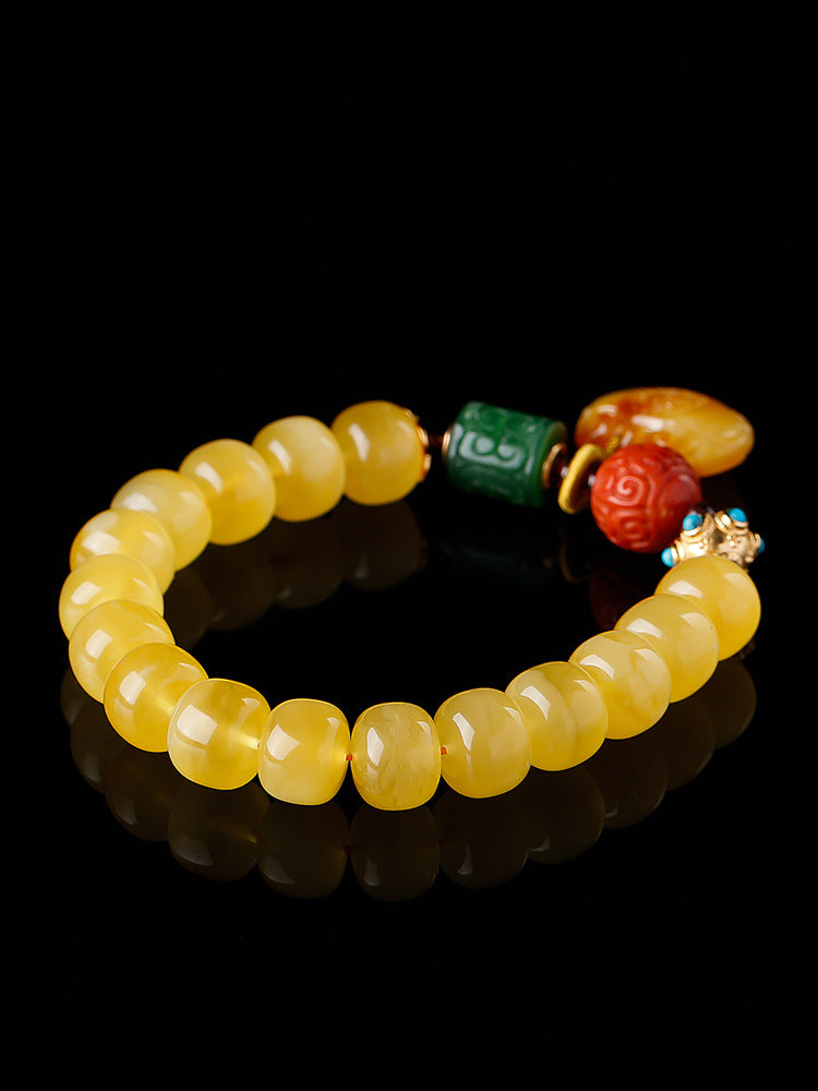 Women's Amber Old Style Bead Bracelet 7*9 Beads with Amber Ruyi Lock Pendant Bracelet Jasper Southern Red Retro Bracelet