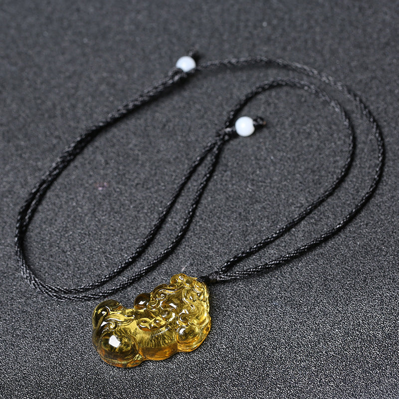 East Sea Imitation Natural Yellow Crystal Pixiu Pendant Men's Necklace Women's Obsidian Pendant Buddhist Bead Jewelry