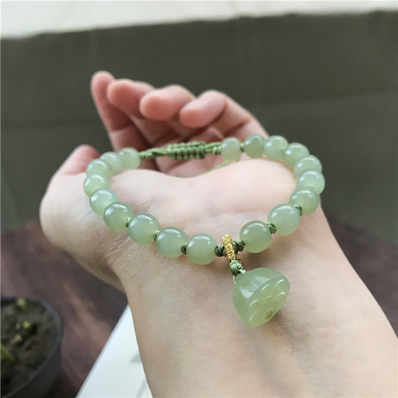 Elegant Women's Hetian Jade Bracelet: Old-Style Beads with Qingshui Jade Lotus Pendant – A Refreshing Hand Accessory & Thoughtful Gift