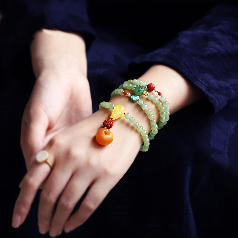 Oil-green Hetian Jade bracelet, 108 Buddha beads, old amber round clasp pendant, multi-circle bracelet