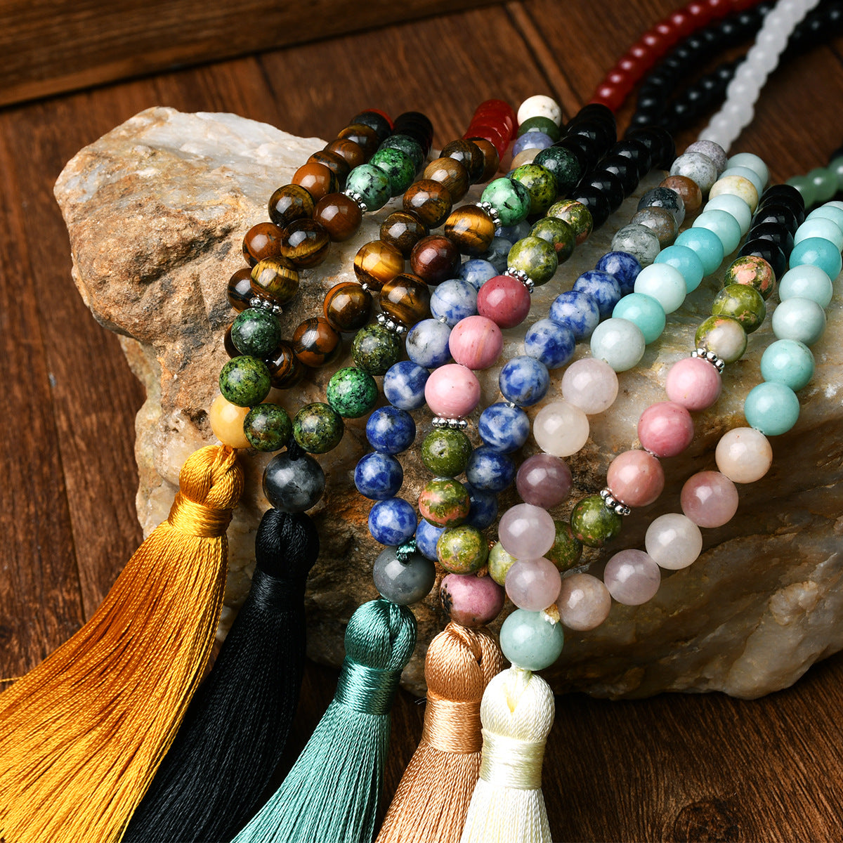 （Buy one, get one free）New 108 Faith Prayer Bead Necklace Handmade Beaded Multi Circle Prayer Bracelet Natural Stone Bohemian Tassel Long Necklace