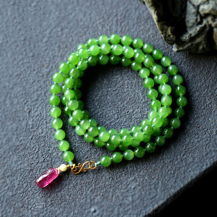 Elegant Women's Vintage Apple Green Jade Bracelet - Hetian Jade Multi-Loop Bracelet & Necklace Two-in-One Design with Tourmaline Charms