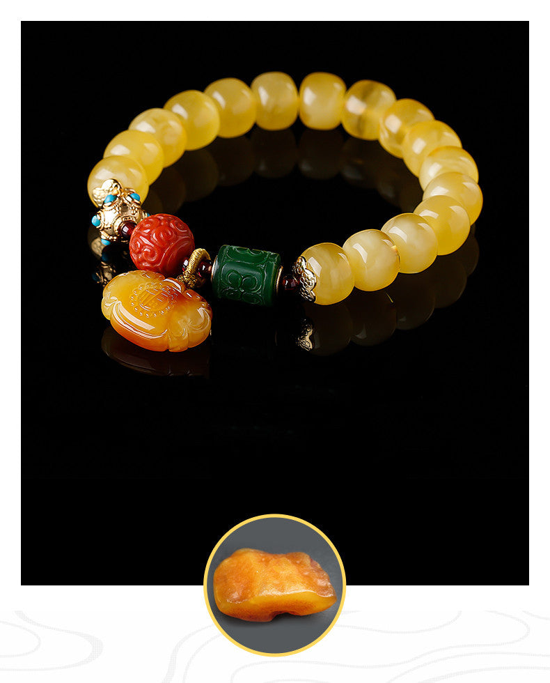 Women's Amber Old Style Bead Bracelet 7*9 Beads with Amber Ruyi Lock Pendant Bracelet Jasper Southern Red Retro Bracelet