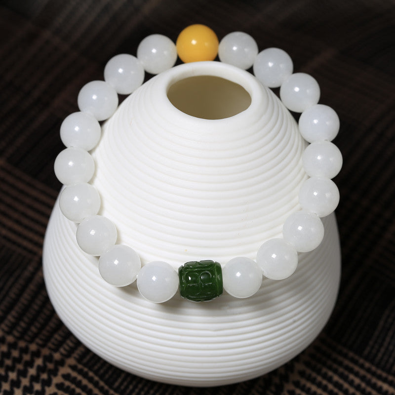 10mm Hetian White Jade Buddha Bead Bracelet Hetian Jasper Fortune Bead Bracelet Beeswax Fortune Bead Bracelet