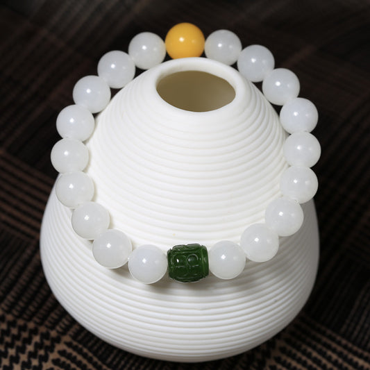 10mm Hetian White Jade Buddha Bead Bracelet Hetian Jasper Fortune Bead Bracelet Beeswax Fortune Bead Bracelet