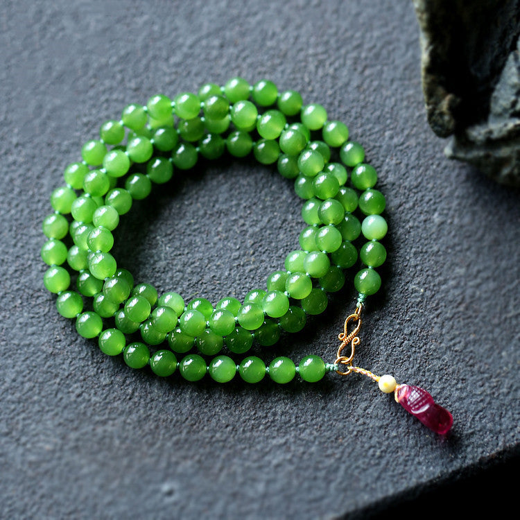 Elegant Women's Vintage Apple Green Jade Bracelet - Hetian Jade Multi-Loop Bracelet & Necklace Two-in-One Design with Tourmaline Charms