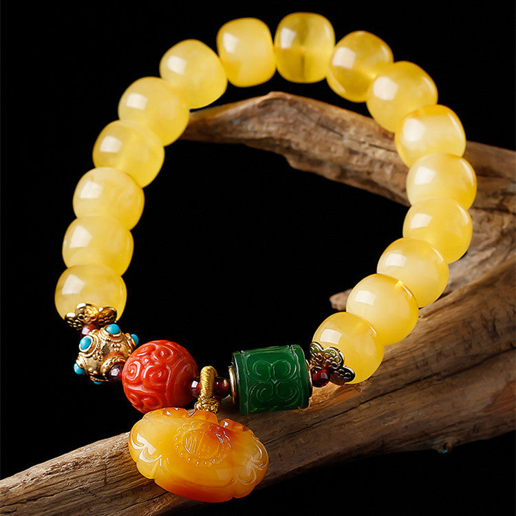 Women's Amber Old Style Bead Bracelet 7*9 Beads with Amber Ruyi Lock Pendant Bracelet Jasper Southern Red Retro Bracelet