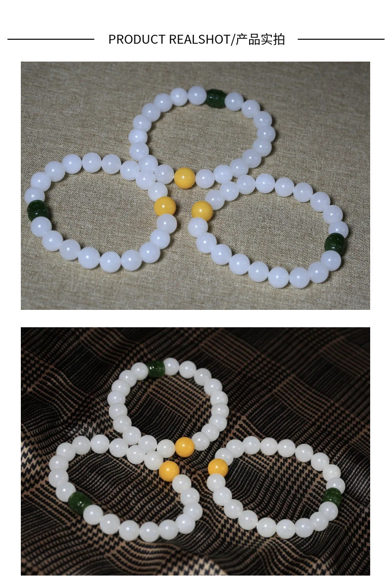 10mm Hetian White Jade Buddha Bead Bracelet Hetian Jasper Fortune Bead Bracelet Beeswax Fortune Bead Bracelet