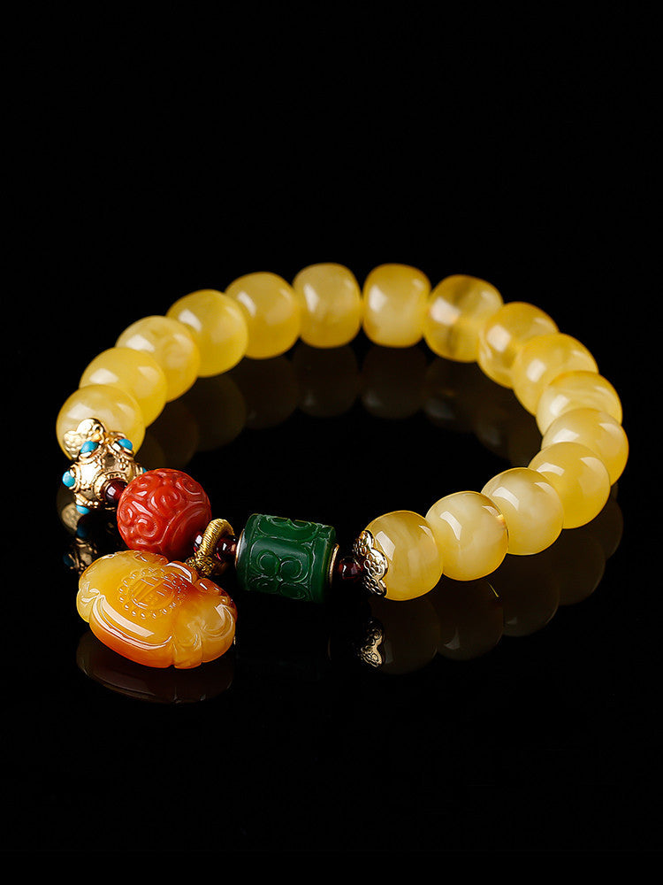 Women's Amber Old Style Bead Bracelet 7*9 Beads with Amber Ruyi Lock Pendant Bracelet Jasper Southern Red Retro Bracelet