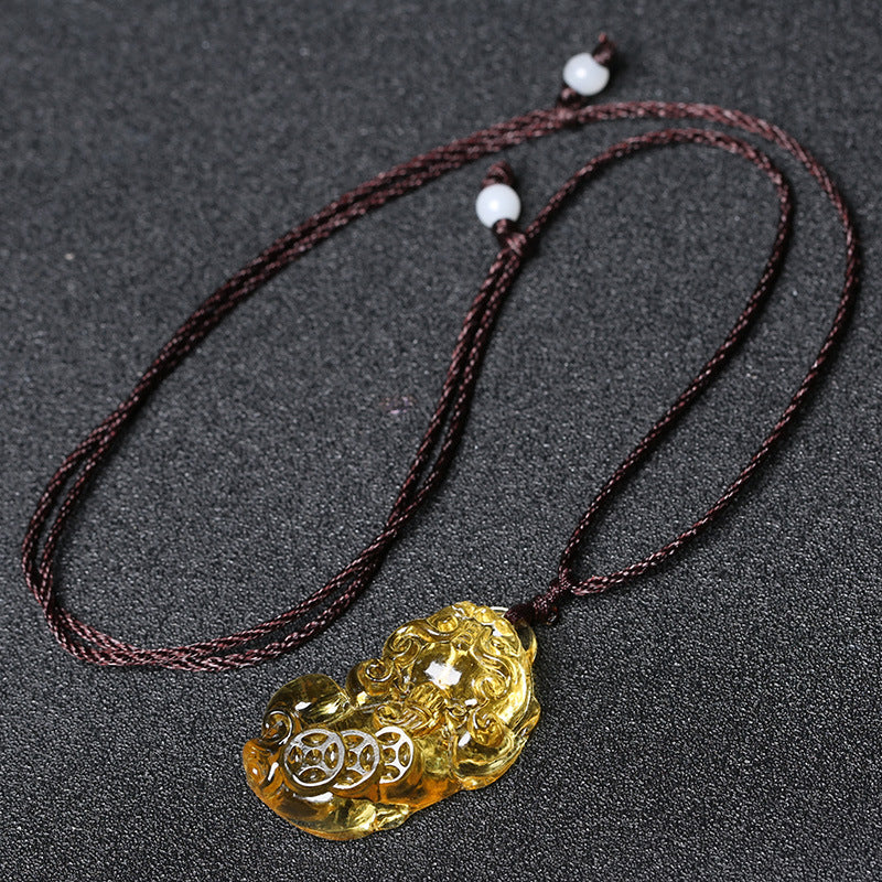 East Sea Imitation Natural Yellow Crystal Pixiu Pendant Men's Necklace Women's Obsidian Pendant Buddhist Bead Jewelry