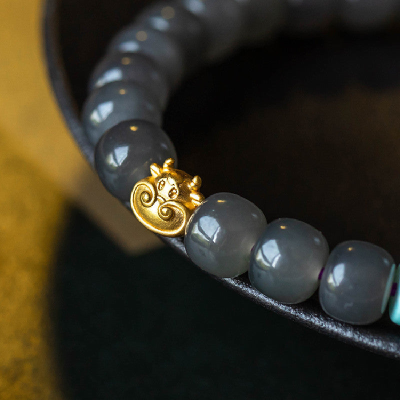 Hetian Jade Smoke Purple Buddha Bead Bracelet 14k Gold Plated Fortune Ox Deep and Light Smoke Purple Bracelet Old Style Beads 7*8 Hetian Jade Bracelet