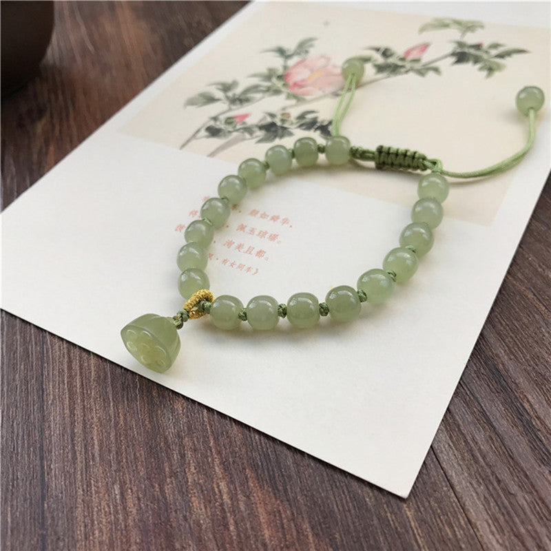 Elegant Women's Hetian Jade Bracelet: Old-Style Beads with Qingshui Jade Lotus Pendant – A Refreshing Hand Accessory & Thoughtful Gift