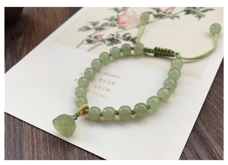 Elegant Women's Hetian Jade Bracelet: Old-Style Beads with Qingshui Jade Lotus Pendant – A Refreshing Hand Accessory & Thoughtful Gift