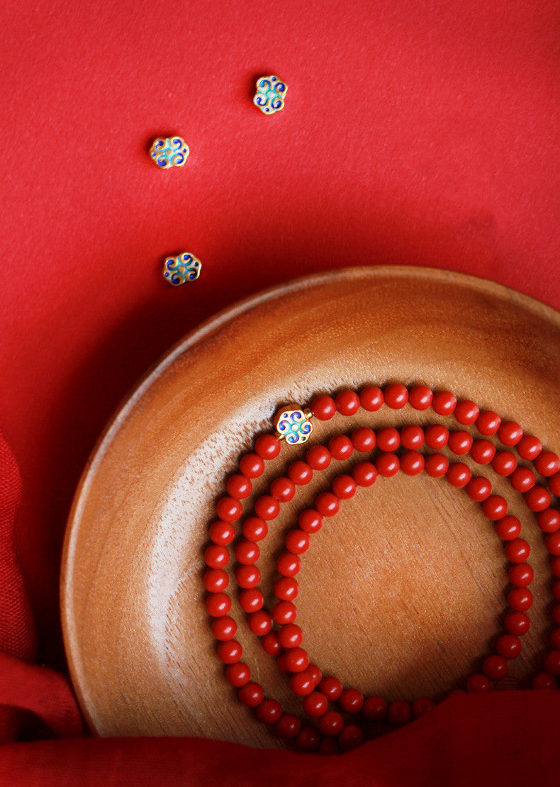 Elegant Women's 3-Loop Vermilion Bead Bracelet – 6mm Round Red Cinnabar Gift