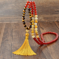 （Buy one, get one free）New 108 Faith Prayer Bead Necklace Handmade Beaded Multi Circle Prayer Bracelet Natural Stone Bohemian Tassel Long Necklace