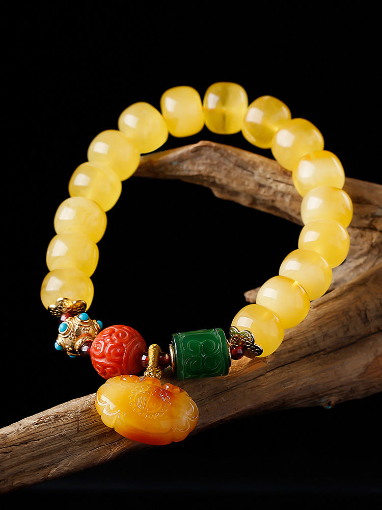 Women's Amber Old Style Bead Bracelet 7*9 Beads with Amber Ruyi Lock Pendant Bracelet Jasper Southern Red Retro Bracelet