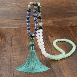 （Buy one, get one free）New 108 Faith Prayer Bead Necklace Handmade Beaded Multi Circle Prayer Bracelet Natural Stone Bohemian Tassel Long Necklace