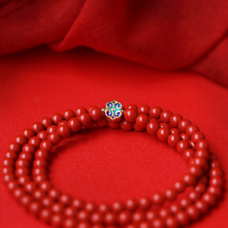 Elegant Women's 3-Loop Vermilion Bead Bracelet – 6mm Round Red Cinnabar Gift