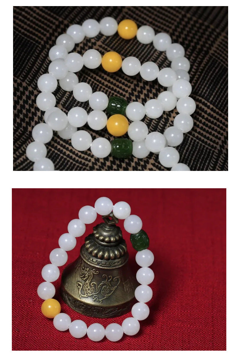 10mm Hetian White Jade Buddha Bead Bracelet Hetian Jasper Fortune Bead Bracelet Beeswax Fortune Bead Bracelet