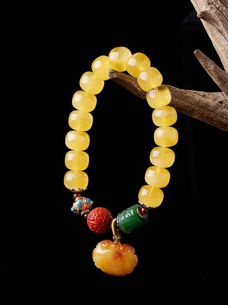 Women's Amber Old Style Bead Bracelet 7*9 Beads with Amber Ruyi Lock Pendant Bracelet Jasper Southern Red Retro Bracelet