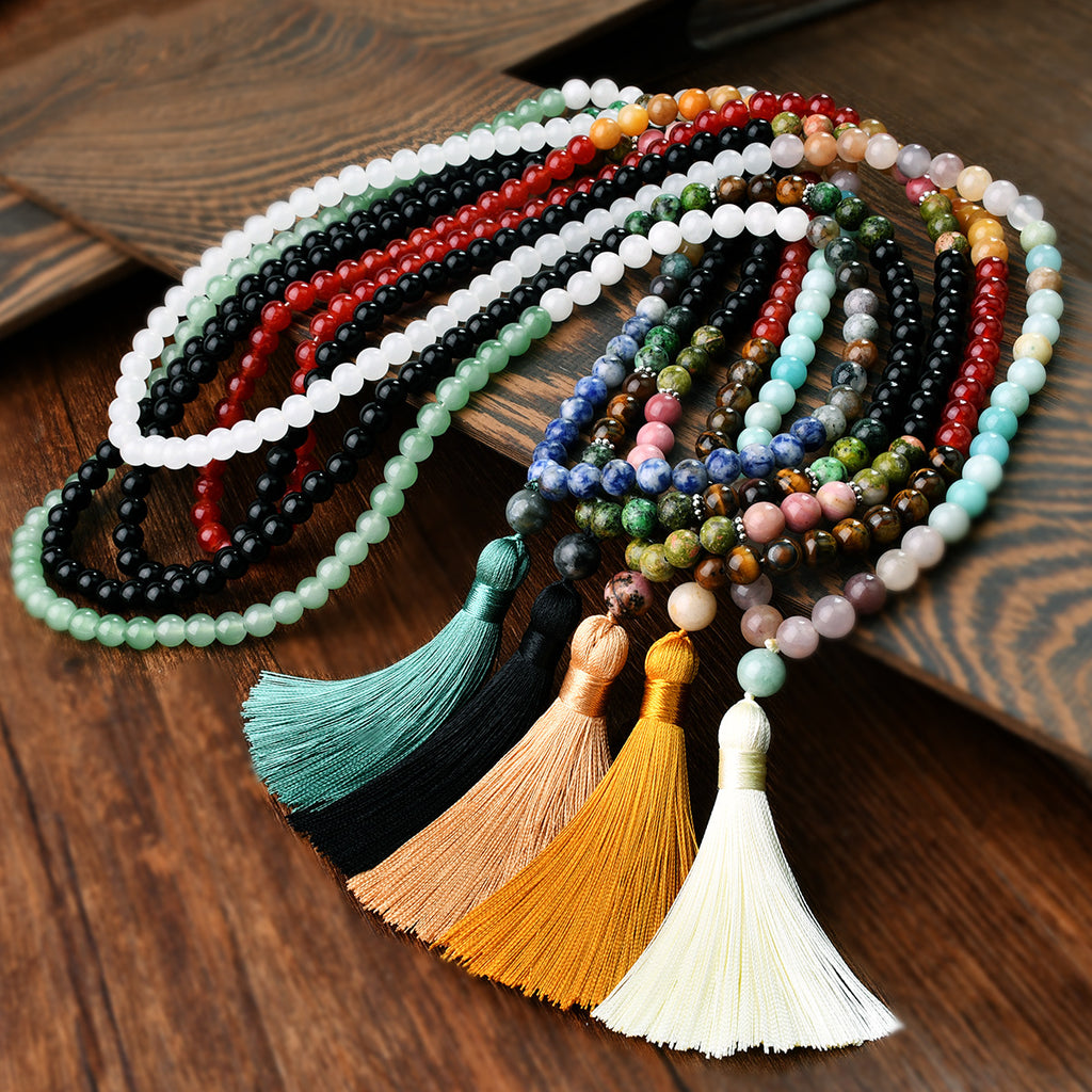 （Buy one, get one free）New 108 Faith Prayer Bead Necklace Handmade Beaded Multi Circle Prayer Bracelet Natural Stone Bohemian Tassel Long Necklace