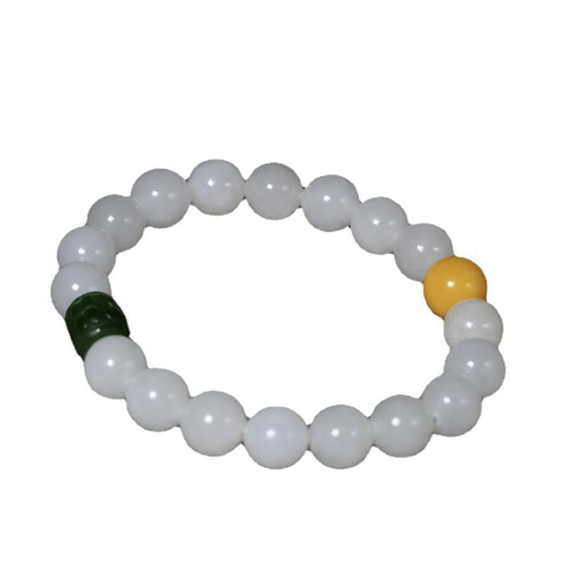 10mm Hetian White Jade Buddha Bead Bracelet Hetian Jasper Fortune Bead Bracelet Beeswax Fortune Bead Bracelet