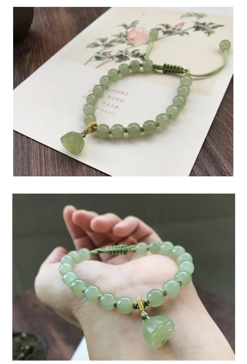 Elegant Women's Hetian Jade Bracelet: Old-Style Beads with Qingshui Jade Lotus Pendant – A Refreshing Hand Accessory & Thoughtful Gift