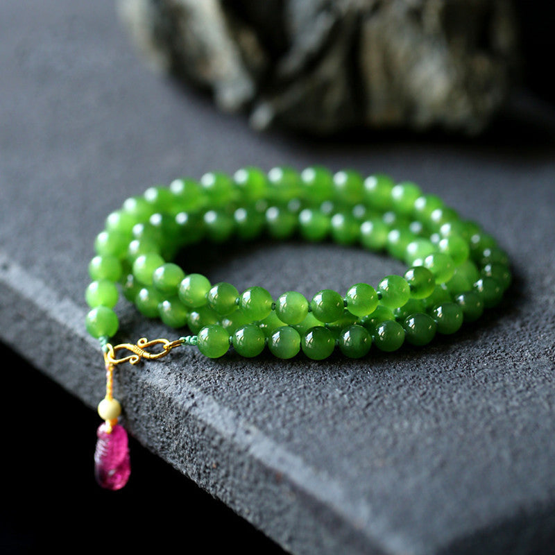 Elegant Women's Vintage Apple Green Jade Bracelet - Hetian Jade Multi-Loop Bracelet & Necklace Two-in-One Design with Tourmaline Charms