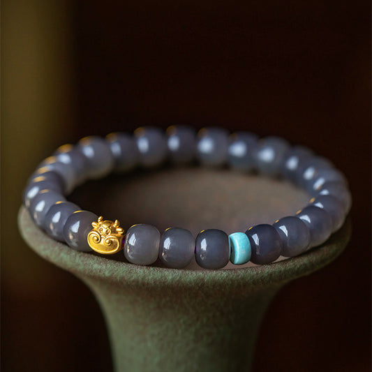 Hetian Jade Smoke Purple Buddha Bead Bracelet 14k Gold Plated Fortune Ox Deep and Light Smoke Purple Bracelet Old Style Beads 7*8 Hetian Jade Bracelet