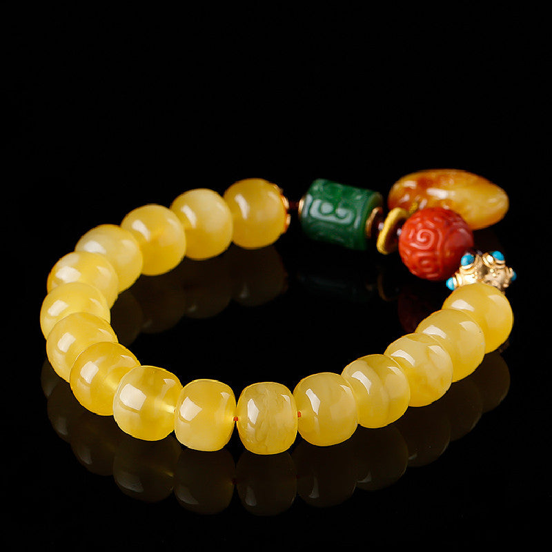 Women's Amber Old Style Bead Bracelet 7*9 Beads with Amber Ruyi Lock Pendant Bracelet Jasper Southern Red Retro Bracelet