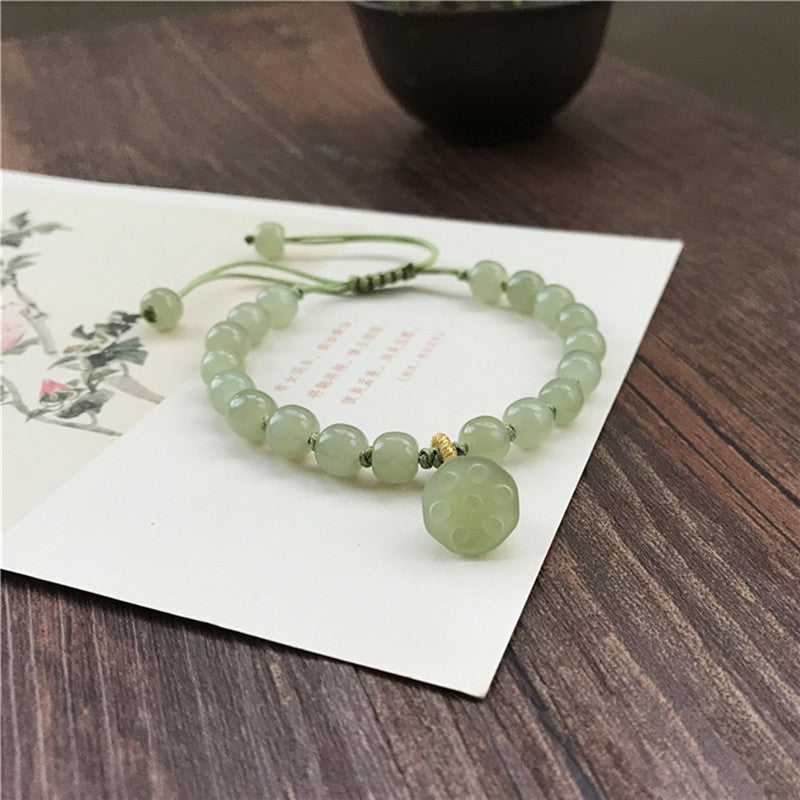 Elegant Women's Hetian Jade Bracelet: Old-Style Beads with Qingshui Jade Lotus Pendant – A Refreshing Hand Accessory & Thoughtful Gift