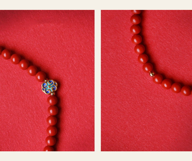 Elegant Women's 3-Loop Vermilion Bead Bracelet – 6mm Round Red Cinnabar Gift