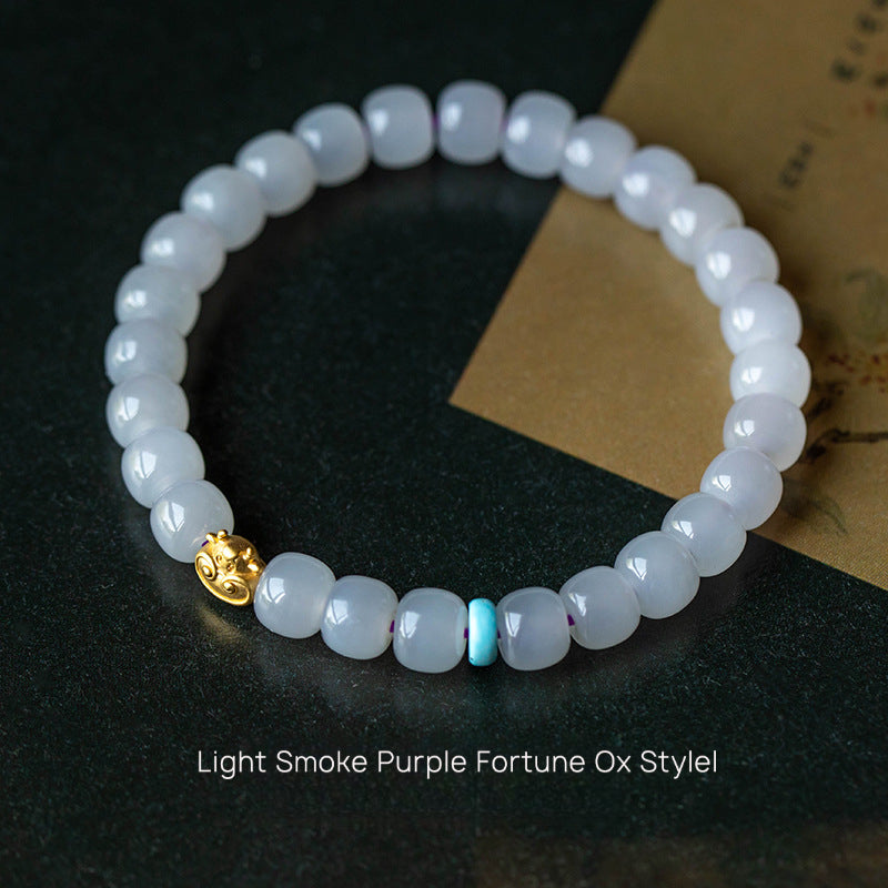 Hetian Jade Smoke Purple Buddha Bead Bracelet 14k Gold Plated Fortune Ox Deep and Light Smoke Purple Bracelet Old Style Beads 7*8 Hetian Jade Bracelet