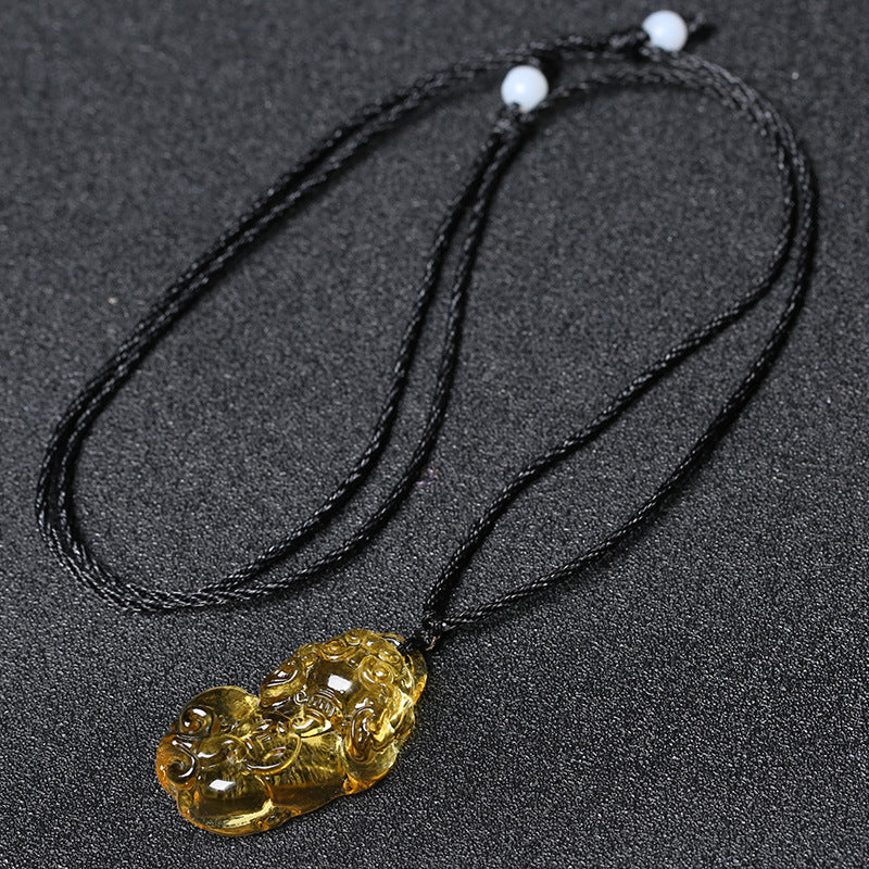 East Sea Imitation Natural Yellow Crystal Pixiu Pendant Men's Necklace Women's Obsidian Pendant Buddhist Bead Jewelry